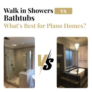 Spacious modern bathroom featuring a glass-enclosed walk-in shower, freestanding bathtub, and elegant white vanity in a Plano home