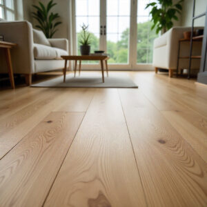 Close-up of premium engineered and solid hardwood floors in a modern Plano home, showcasing wide planks of light oak with a matte finish, bathed in the soft, diffused light of a cloudy afternoon.