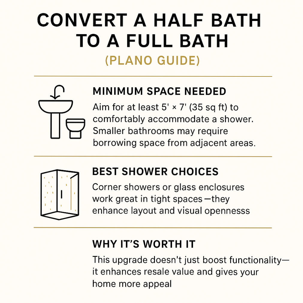 Modern full bathroom remodel featuring a spacious walk-in shower with glass enclosure, dual showerheads, and marble-style tile design, showcasing the value of converting a half bath to a full bath in Plano homes.