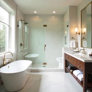 Deep bathroom renovation in North Dallas featuring a luxury walk-in shower, freestanding tub, and custom vanity as part of a full-scale bathroom remodel cost guide for 2026.