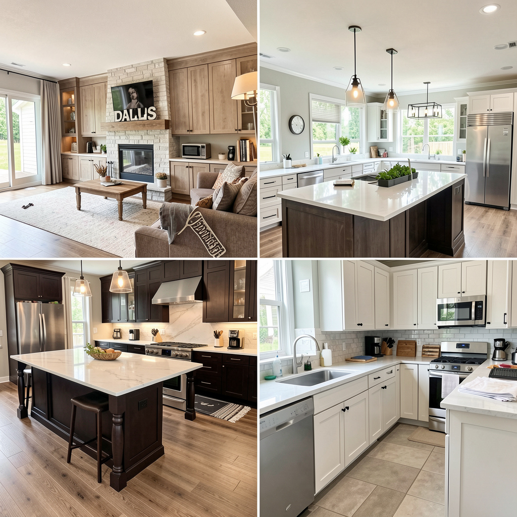 Contrast shot North Dallas and Plano luxury vs standard home remodeling, precise spelled signage, lavish open-plan kitchen vs compact economical kitchen.