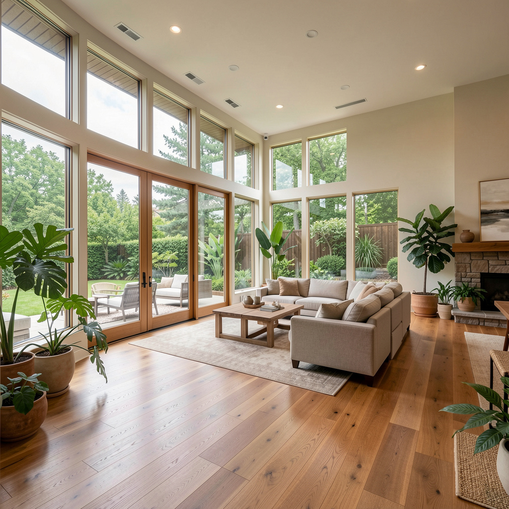 Spacious natural luxury interior house remodeled view, warm oak floors and floor-to-ceiling glass, indoor plants in Plano TX.