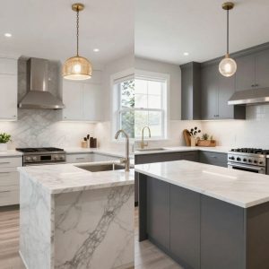 Split-screen Dallas luxury vs standard home remodeling, upscale marble kitchen vs basic laminate counters, daytime.