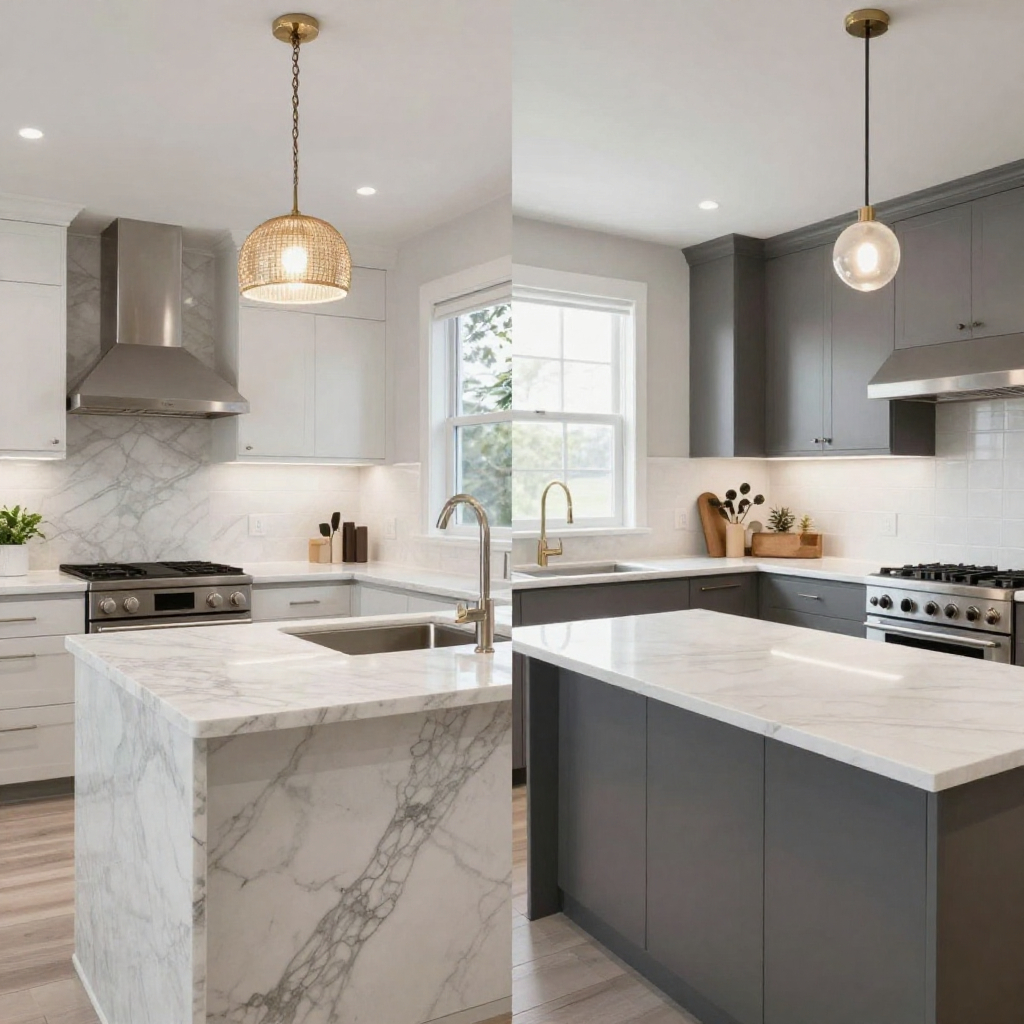 Split-screen Dallas luxury vs standard home remodeling, upscale marble kitchen vs basic laminate counters, daytime.