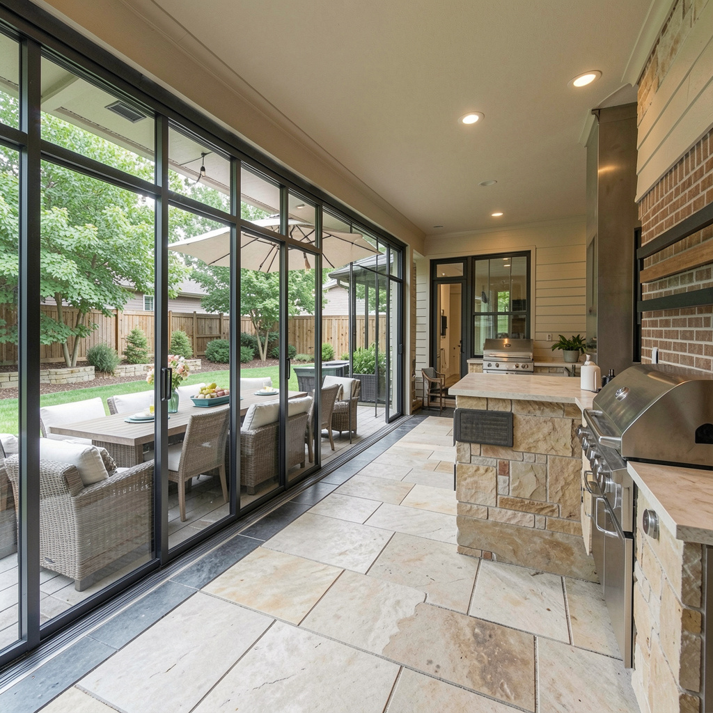 Homes built for entertaining design dallas: indoor-outdoor flow with retractable glass wall, outdoor dining, integrated grill station