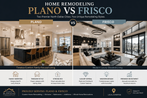 Home remodeling Plano VS. Frisco comparison featuring luxury open-concept kitchen and living room interiors, highlighting Plano's timeless family-focused design versus Frisco's modern upscale remodeling style for North Texas homeowners.