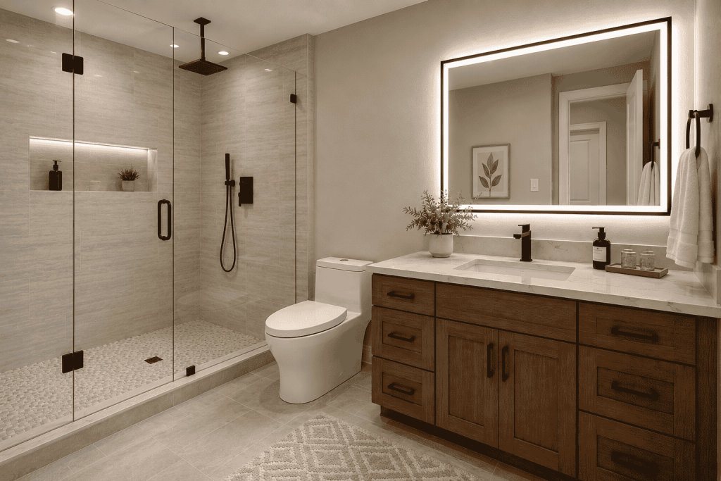 This image shows the Deep bathroom renovation in North Dallas featuring a luxury walk-in shower, and custom vanity as part of a full-scale bathroom remodel.
