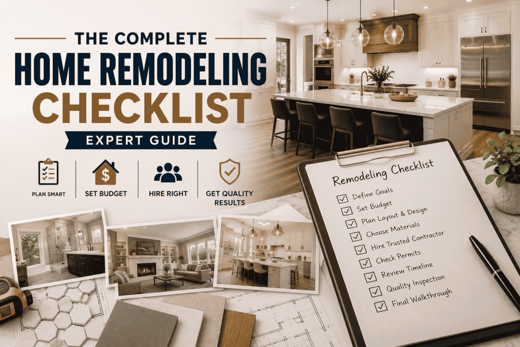 The Complete Home Remodeling Checklist expert guide featuring a luxury remodeled kitchen, premium home renovation planning checklist, and modern interior design for Plano TX homeowners.