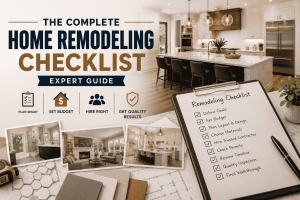 The Complete Home Remodeling Checklist expert guide featuring a luxury remodeled kitchen, premium home renovation planning checklist, and modern interior design for Plano TX homeowners.