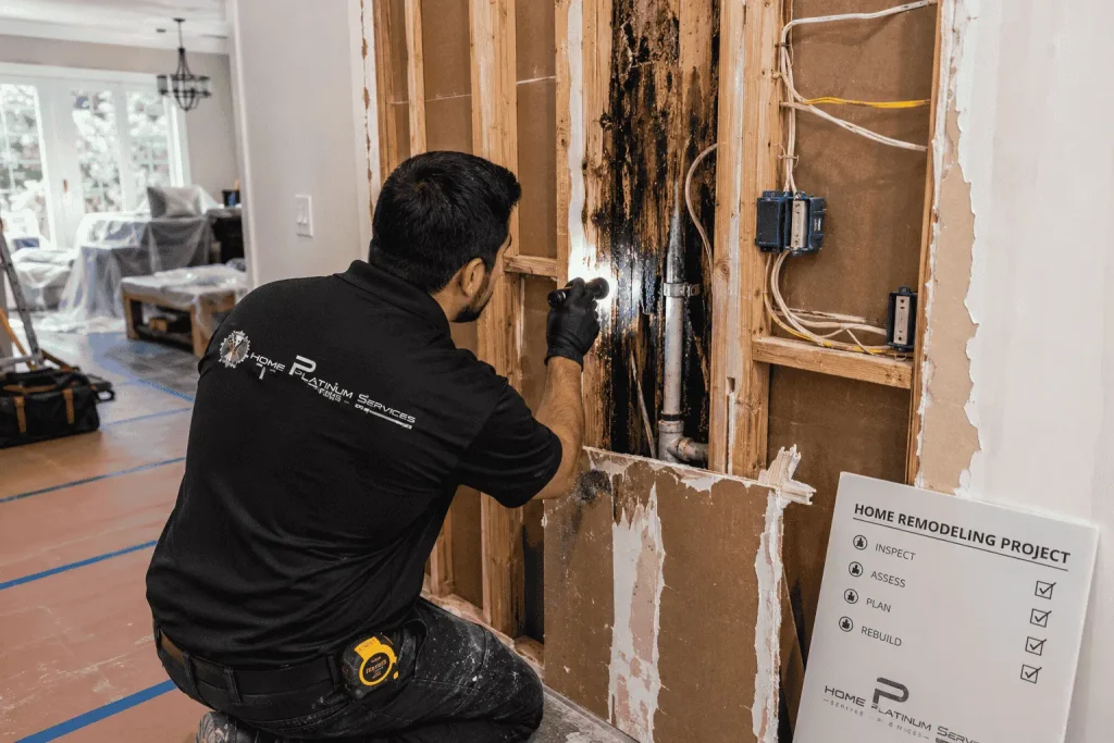 Home remodeling contractor inspecting hidden water damage and electrical wiring behind drywall during a North Texas renovation of Hidden Problems During Home Remodeling.