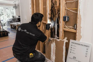 Home remodeling contractor inspecting hidden water damage and electrical wiring behind drywall during a North Texas renovation of Hidden Problems During Home Remodeling.