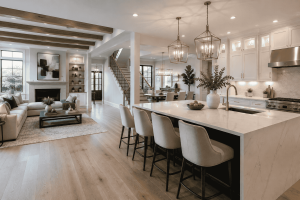 Luxury open-concept remodeling featuring a modern kitchen, spacious living area, quartz waterfall island, abundant natural light, premium hardwood flooring, and custom interior design in North Texas.