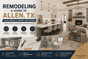 Remodeling a home in Allen, TX featuring a luxury open-concept kitchen, elegant living room, and expert home renovation solutions that overcome common remodeling challenges with premium craftsmanship.