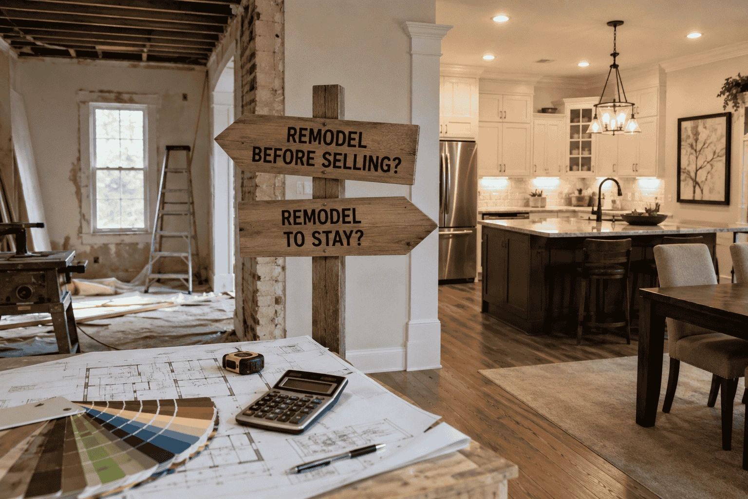 Remodel before selling or stay home remodeling concept showing an unfinished renovation space alongside a completed luxury kitchen and living area, illustrating the choice between remodeling for resale and remodeling for long-term living.